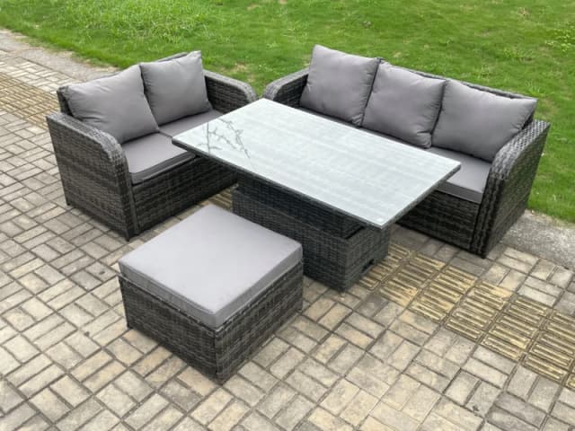 Fimous Outdoor Rattan Garden Furniture Set Height Adjustable Rising lifting Dining Table Lounge Sofa Set Dark Grey Mixed Dark Grey