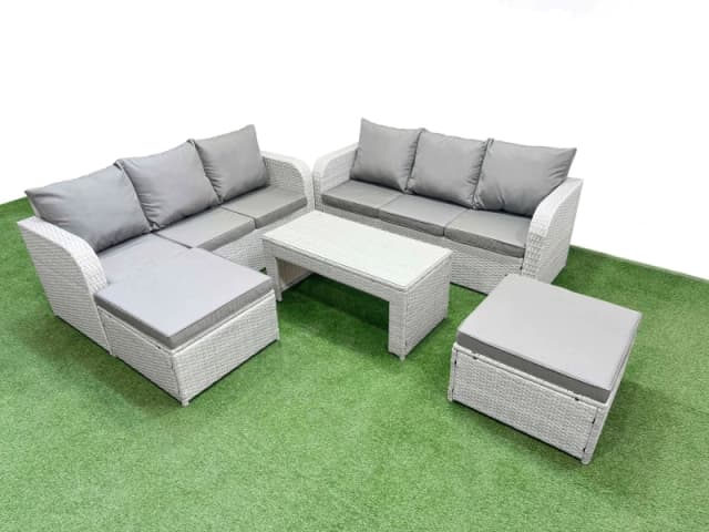 Fimous Outdoor Garden Furniture Sets 8 Seater Wicker Rattan Furniture Sofa Sets with Oblong Coffee Table high Back Lounge Sofa 2 Big Footstool Light G