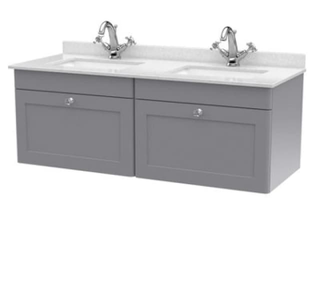 NUIE Nuie Classique Satin Grey 1200mm Wall Hung 2 Drawer Vanity Unit with White Marble Countertop and 2 Square Basins with 2 Tap Holes - CLC294WS2 CLC