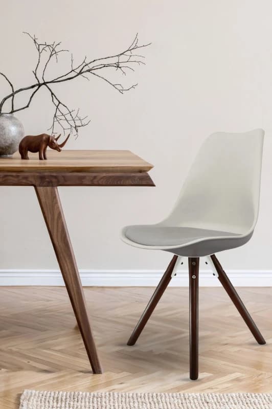 Fusion Living Soho Plastic Dining Chair with Pyramid Dark Wood Legs Light Grey