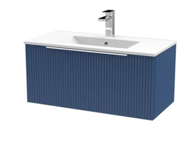 HUDSON REED Hudson Reed - Fluted Satin Blue 800mm Wall Hung Single Drawer Vanity Unit and Minimalist Ceramic Basin - DFF396B DFF396B