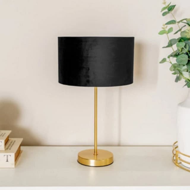ValueLights ValueLights Charlie Gold Stem Table Lamp with Velvet Drum with Gold Inner Lamp Shade & Bulb in Black One Size Unisex 5059406060755
