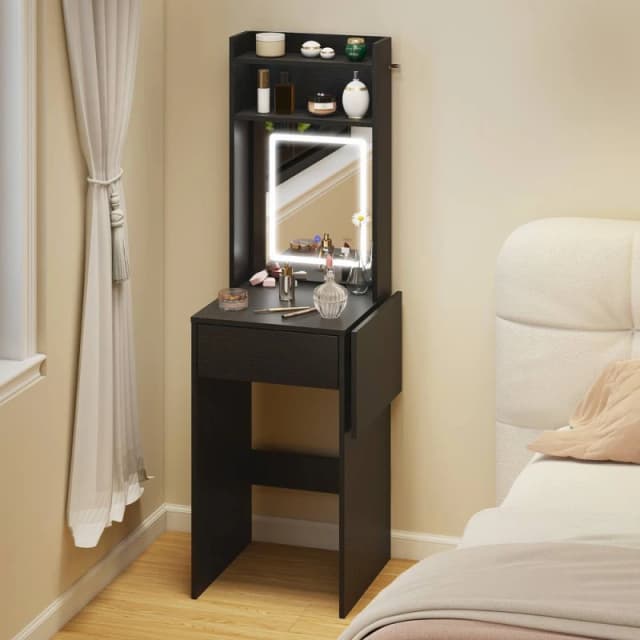 HOMCOM Compact Dressing Table with Lighted Mirror Open Shelves Drawer in Black Unisex