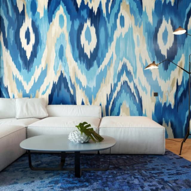 Origin Murals Watercolour Ikat Wall Mural in Blue Size: W350cm x H280cm Blue Unisex W350cm x H280 cm