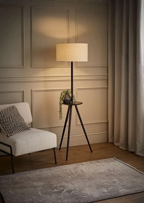 ValueLights ValueLights Desmond Side Table Tripod Floor Lamp with Linen Lamp Shade and Bulb in Black One Size Unisex 5059406069246