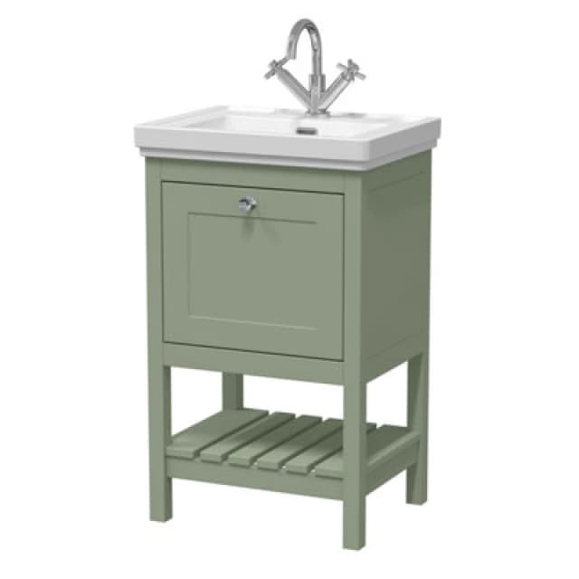 Nuie Old London Bexley Floor Standing 1 Drawer Vanity & 1 Tap Hole Fireclay Basin, Stylish Vanity Unit With Basin, Fern Green, 500mm