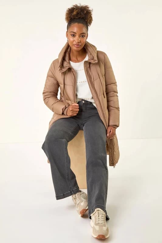 Roman Womens Longline Padded Hooded Coat in Tan Size: 14 Tan Female 14