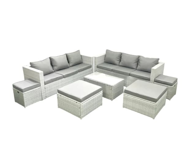 Fimous 7 Pieces Rattan Garden Furniture Set Outdoor Garden Sofa Coffee Table Set with 4 Footstools Light Grey Mixed Light Grey