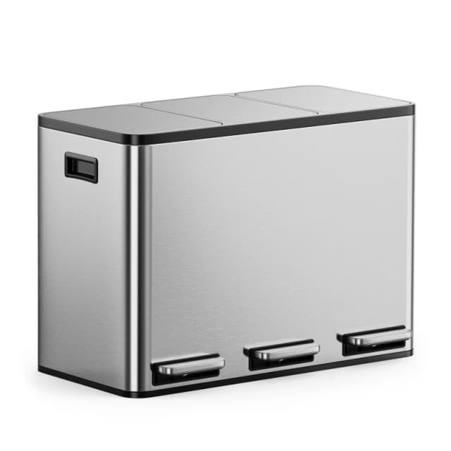 Vonhaus 45L Waste & Recycling Kitchen Bin, 3 X 15L Compartment Stainless Steel Pedal Bin W/ Non Slip Base, Removable Inner Buckets