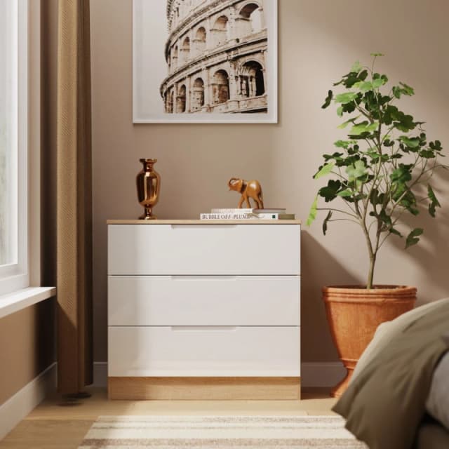 Welcome Furniture Ready Assembled Milan 3 Drawer Chest In White Gloss & Bardolino Oak, White MIL010WGBO