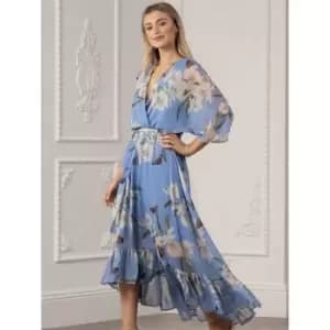 Yumi Urban Light Blue Floral Wrap Dress - Blue