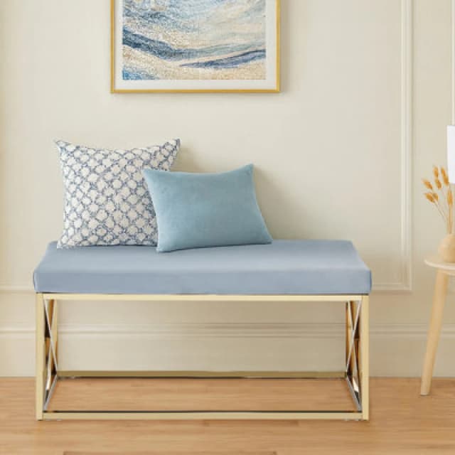 Orsina Luxe Powder Blue Velvet And Gold Bench, Stylish Garden Bench For Outdoor, Accent Dining Bench For Diningroom