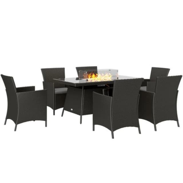 Outsunny Outsunny Rattan Dining Set with Fire Pit Table and Armchairs, Black