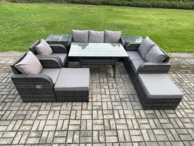 Fimous 9 Seater Garden Rattan Furniture Dining Table Sofa Set Indoor Outdoor with 2 Reclining Chairs 2 Side Tables 2 Big Footstool Dark Grey Mixed Dar