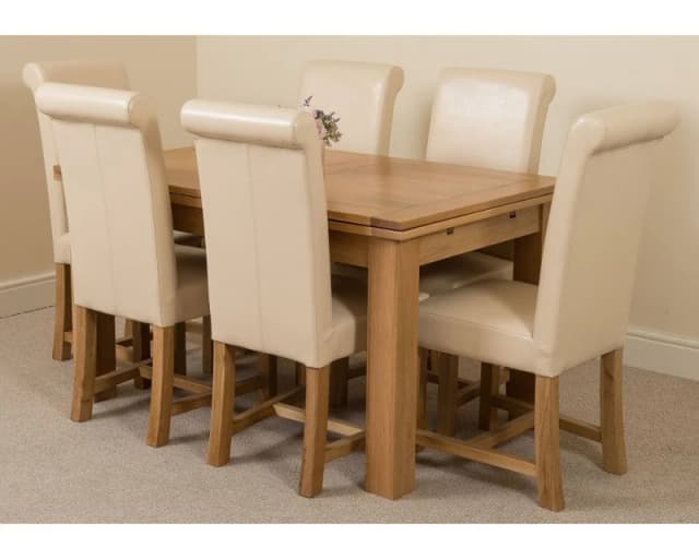 Thats Furniture Richmond 140-220cm Oak Extending Dining Table + 6 Washington Leather Chairs in Cream Cream Unisex