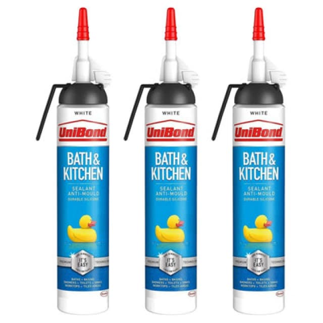 Unibond Mould Resistant Bath & Kitchen Silicone Sealant White, 208G, 3Pk