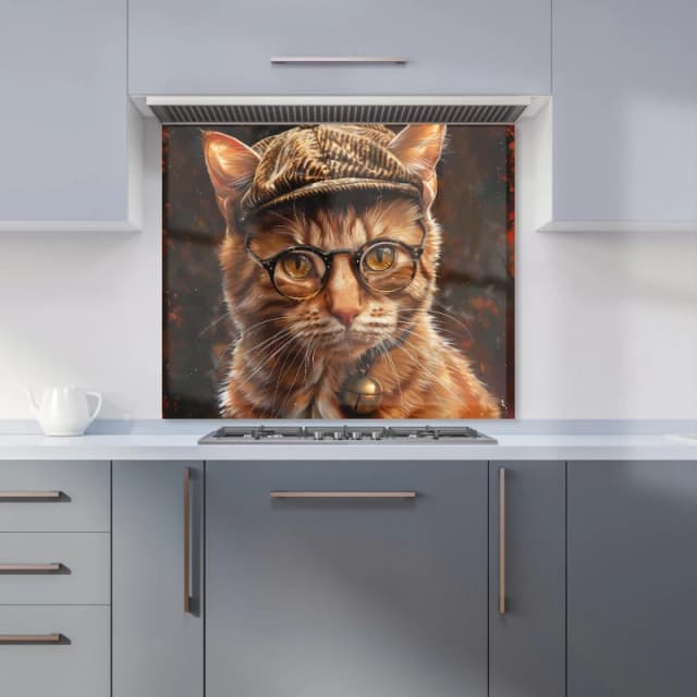 Warren Reed - Designer Dapper Ginger Cat with Cap Kitchen Splashback Size: 600mm x 750mm Multicolor Unisex 600mm x 750mm