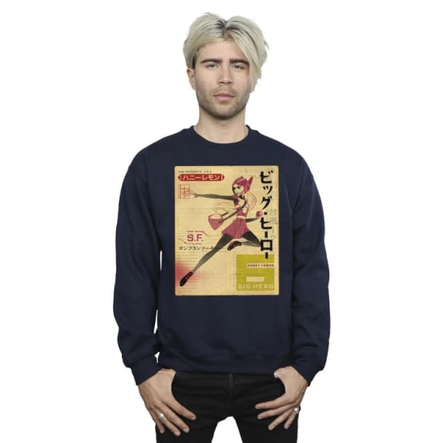 Disney Men Big Hero 6 Baymax Honey Lemon Newspaper Sweatshirt in Navy Size: Small Navy S Male 5059934872080