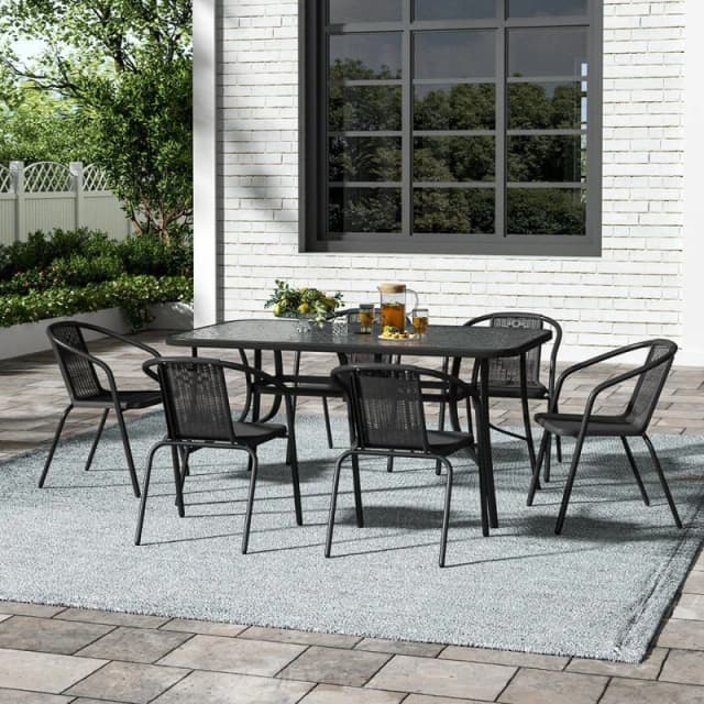 Breeins Outdoor Tempered Glass Coffee Table with 6 Chairs - Black L