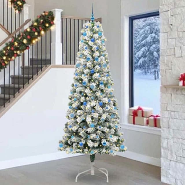 vidaXL Artificial Hinged Christmas Tree with Blue Balls Green and white 240 cm, Green 3395620