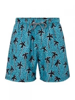 Mens Boardies Flair Palm Print Mid Length Swim Short Blue