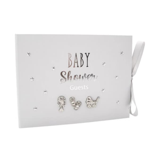 Happy Homewares Grey Baby Shower Guest Book With Silver Plated Rattle Pram And Booties