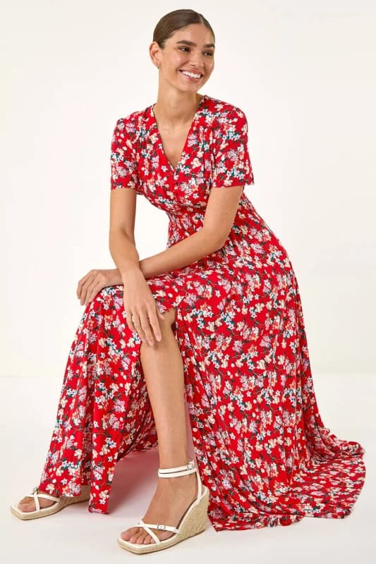 Roman Womens Floral Print Button Maxi Dress in Red Size: 18 Red Female 18