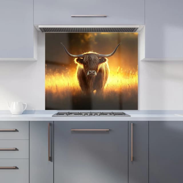 Warren Reed - Designer Highland Cow Sunset Kitchen Splashback in Orange Size: 900mm x 750mm Orange Unisex 900mm x 750mm