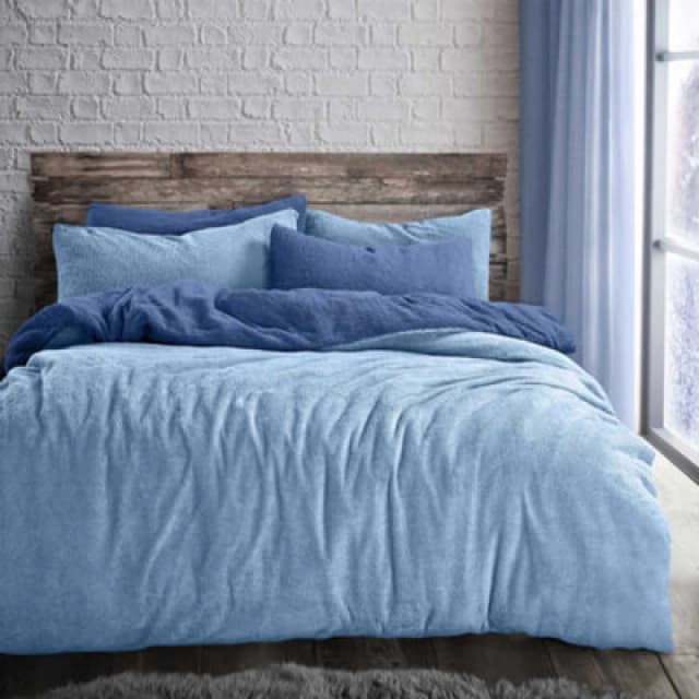 Velosso Teddy Fleece Duvet Cover & Pillowcase Set - Button Enclosure, Machine Washable Bedroom Essentials - French Blue
