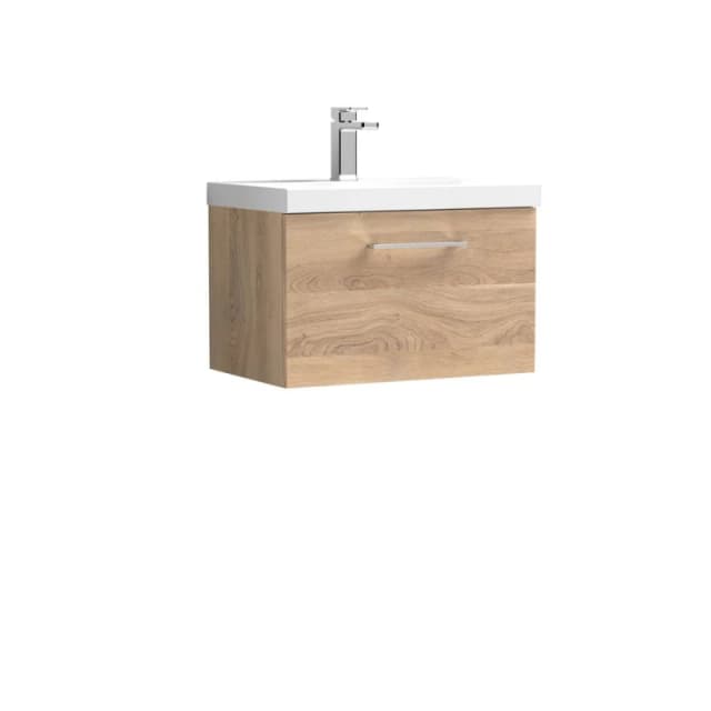 Balterley Contemporary Bathroom Wall Hung 1 Soft-Close Drawer Vanity Unit with Mid-Edge Ceramic Basin, Bleached Oak, 600 mm in Brown Brown Unisex