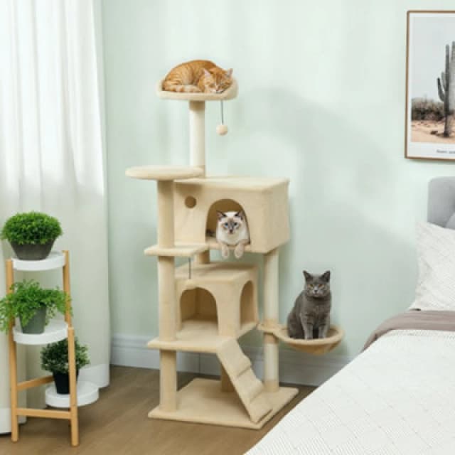 Pawhut 140Cm Cat Tree Tower With Sisal Scratching Posts, Condos, Beige
