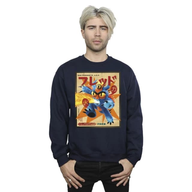 Disney Men Big Hero 6 Baymax Fred Newspaper Sweatshirt in Navy Size: Small Navy S Male 5059934870000
