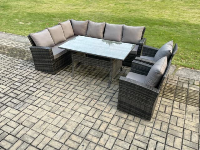 Fimous 8 Seater Garden Rattan Furniture Corner Dining Set with Armchair Indoor Outdoor Lounge Sofa Set Dark Grey Mixed Dark Grey Unisex