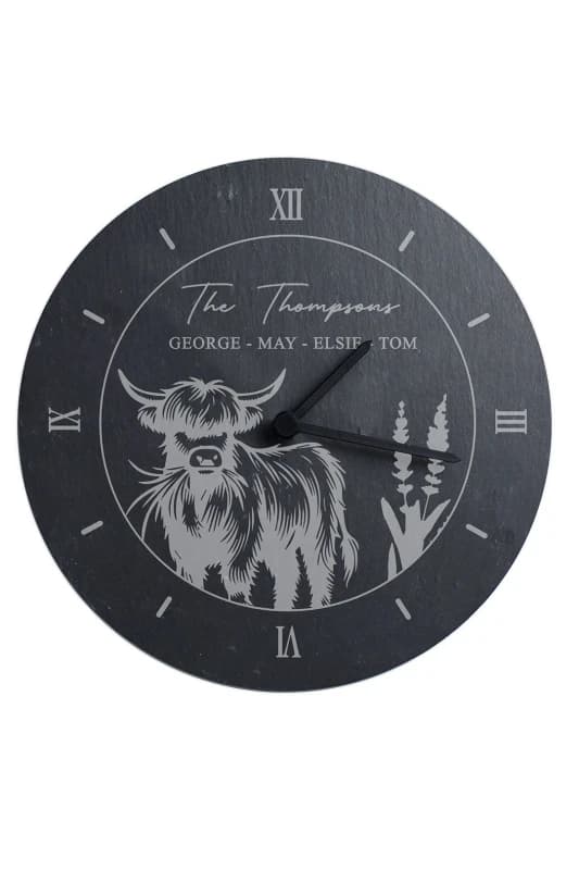 Personalised Memento Company Personalised Highland Cow Slate Clock Black