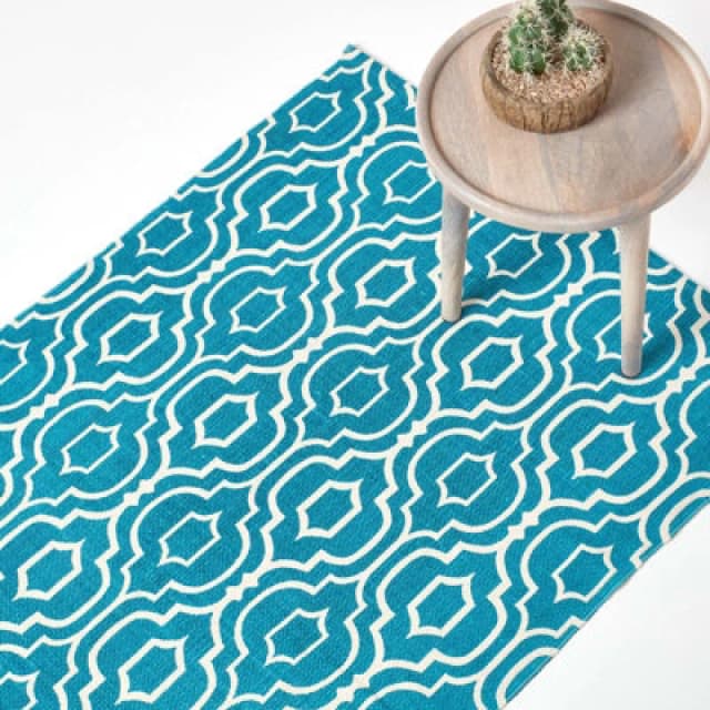 Homescapes Riga Teal And White 100% Cotton Printed Patterned Rug, 120 X 170 Cm