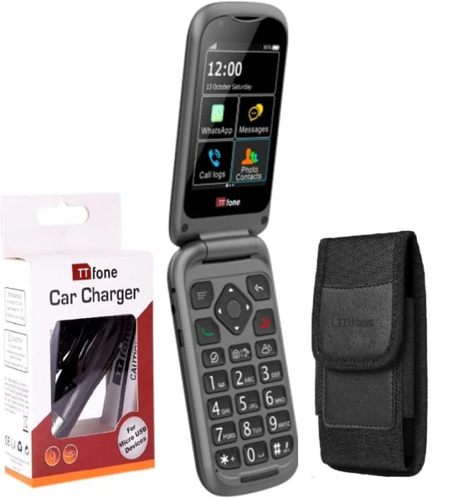 TTfone TTfone TT970 4G Flip Big Button Senior Mobile Bundle: Holster Case, Car Charger, Giff Gaff SIM Network