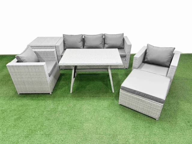 Fimous 7 Pieces Outdoor PE Rattan Sofa Armchair Set with Side Table Big Stool in Light Grey Light Grey Unisex