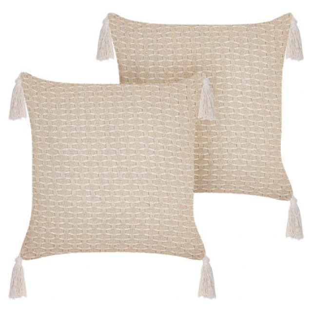 Beliani Set Of 2 Decorative Cushions Hakone 42 X 42cm Light Beige Geometric Pattern