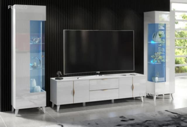 Furneo High Gloss & Matt White Living Room Set TV Stand Display Cabinets Azzurro 10/12 Blue LED Lights