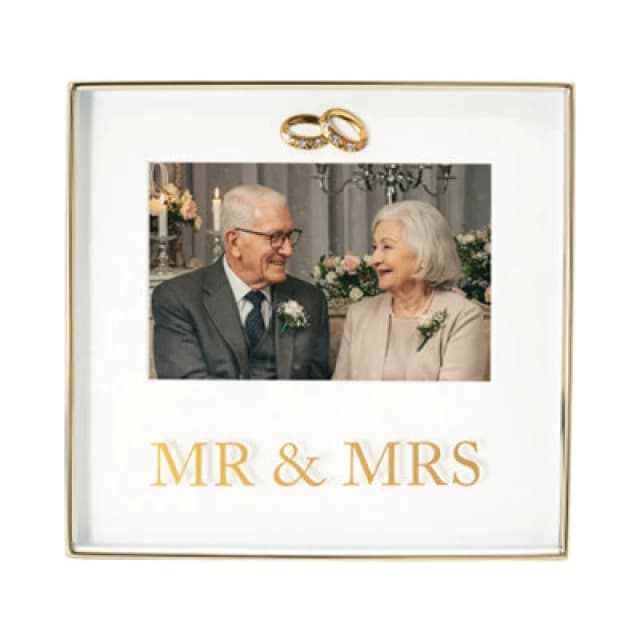 Happy Homewares Shiny Gold Mr & Mrs Square Frame With Diamante Rings
