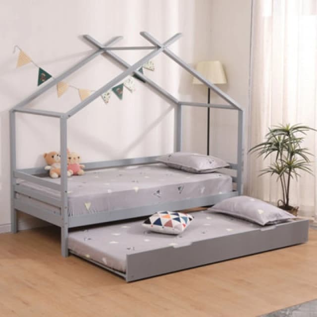 SlumberWorx Teddy Kids Childrens Wooden House Single Bed Frame w Guest Trundle Bed Grey