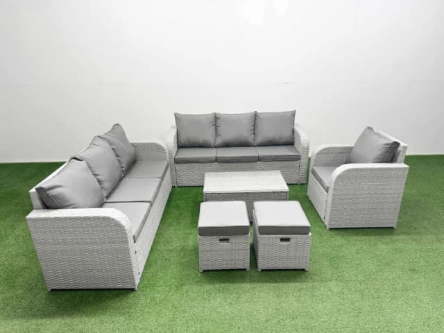 Fimous 9 Seater Poly Rattan Outdoor Garden Furniture Sofa Set Patio 3 Seater Sofa Reclining Chair 3 Seater Sofa Stools Light Grey Light Grey