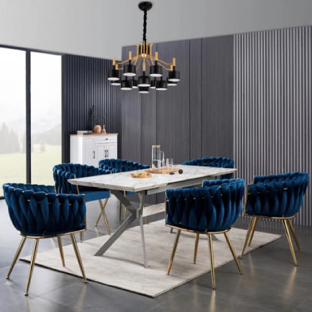 Life Interiors Set Of 6 Blue Roma Knot Velvet Armchairs With Gold Metal Legs, Modern Tufted Design For Living Room