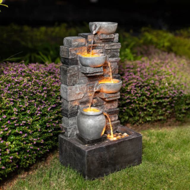 Teamson Home Outdoor 28.5'' 4 Tier Cascading Bowl Stacked Stone Fountain Yard Decor Gray, Grey FT0724GR-UK