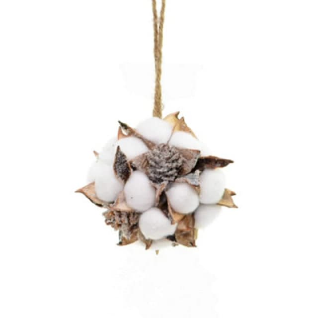 Shatchi COTTON-BALL Handmade 12cm Cotton Ball Christmas Hanging Pine Cones Xmas Decoration Home Decor, White/Brown White
