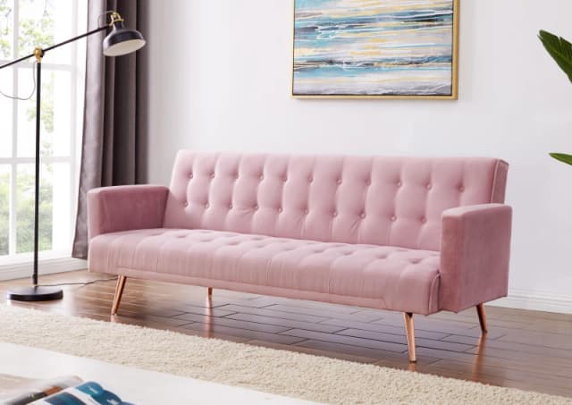 Home Detail Windsor Velvet Sofa Bed With Tufted Detail and Rose Gold Legs Pink