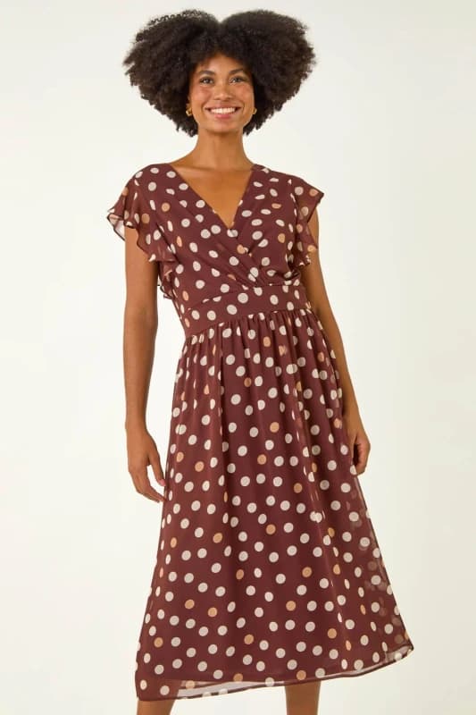 Roman Womens Spot Print V-Neck Frill Midi Dress in Brown Size: 16 Brown Female 16