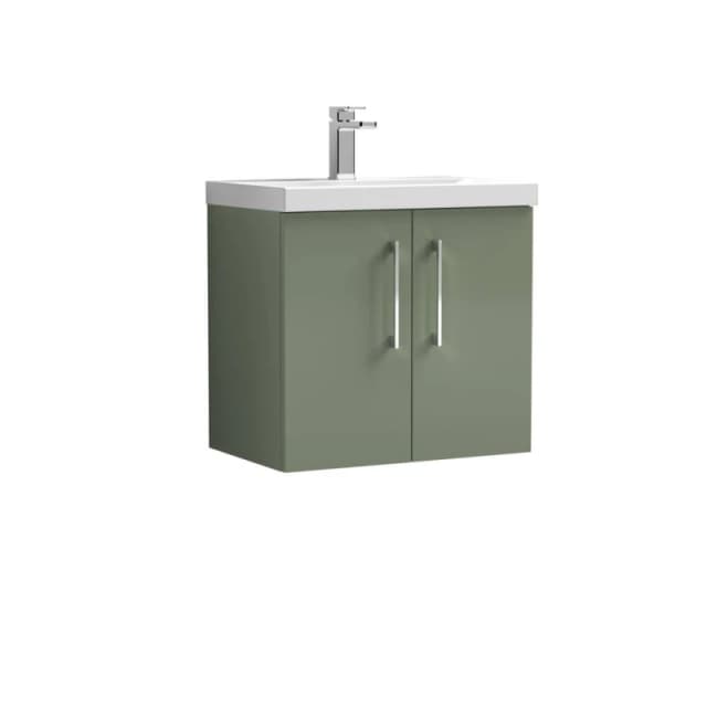 Balterley Contemporary Bathroom Wall Hung 2 Soft-Close Door Vanity Unit & Mid-Edge Basin, Satin Green, 600 mm in Green Green Unisex