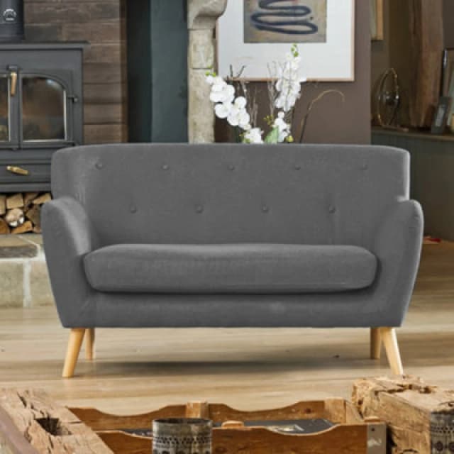 Lynwood 137Cm Wide Dark Grey 2 Seat Textured Fabric Scandi Sofa With Both Light And Dark Wooden Legs