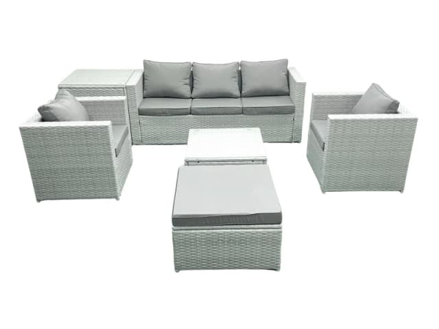 Fimous 6 Seater Rattan Garden Furniture Set with 3 Seater Sofa 2 Chair Square Coffee Table Big Footstool Side Table Light Grey Mixed Light Grey